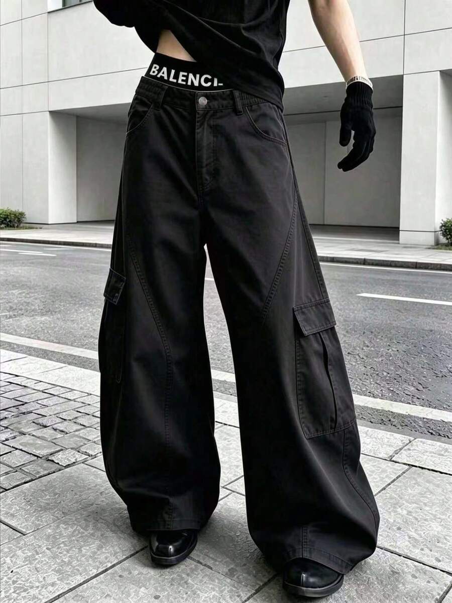 Men's Spring/Autumn Casual Fashion Straight Leg Cargo Pants With Side Pockets And Button Closure For Outdoor Wear - Black - View 1