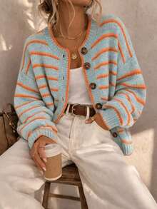 Plus Size Women's Round Neck Single-Breasted Contrast Stripe Lantern Sleeve Knit Cardigan, Loose Casual Fashion Versatile For Autumn/Winter - Orange Blue - View 2