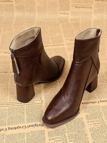 Women's Elegant Classic PU Leather Patchwork Chunky Heel Square Toe Back Zipper Ankle Boots, Comfortable Versatile Square Toe Back Zipper Slimming Fashion Boots, Suitable For Neutral Fashion Streetwear Vacation - Brown - View 6