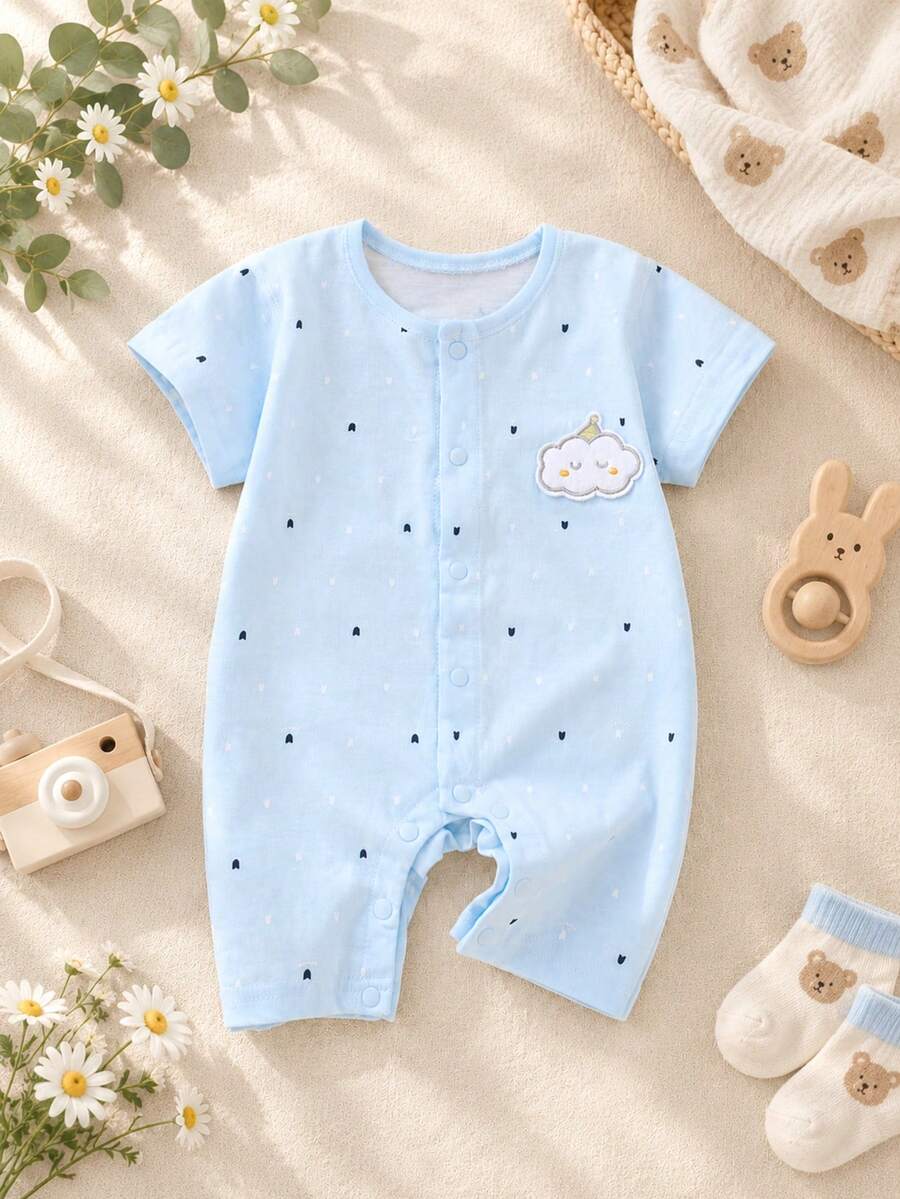 1件新生男嬰穿著,100%純棉嬰兒服飾,卡通拼貼刺繡圖案,觸感光滑柔軟,輕量夏季連身衣 - 淺藍色 - 查看 1