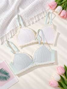 2pcs Cream Style Lace Wire-Free Bra Soft Skin-Friendly Girls Lingerie Set - Multicolor - View 1