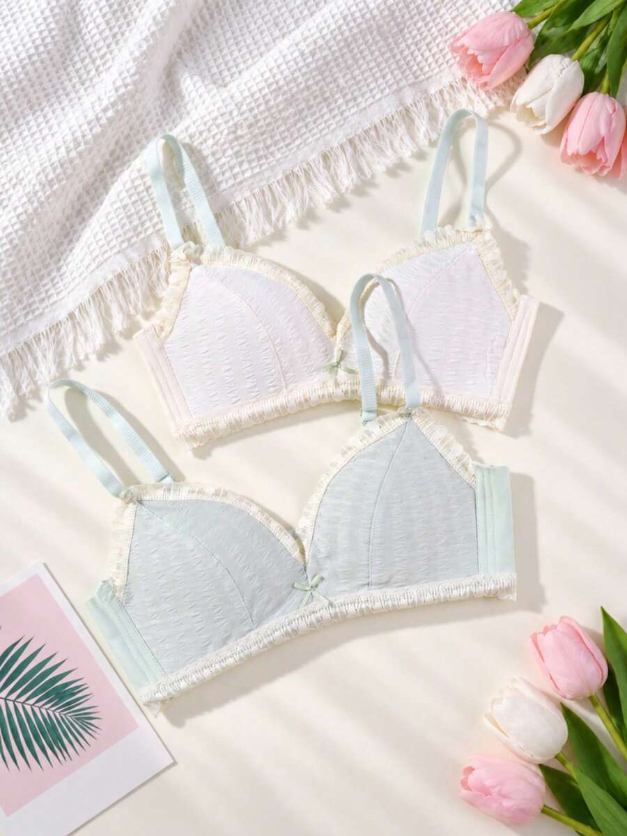 2pcs Cream Style Lace Wire-Free Bra Soft Skin-Friendly Girls Lingerie Set - Multicolor - View 1