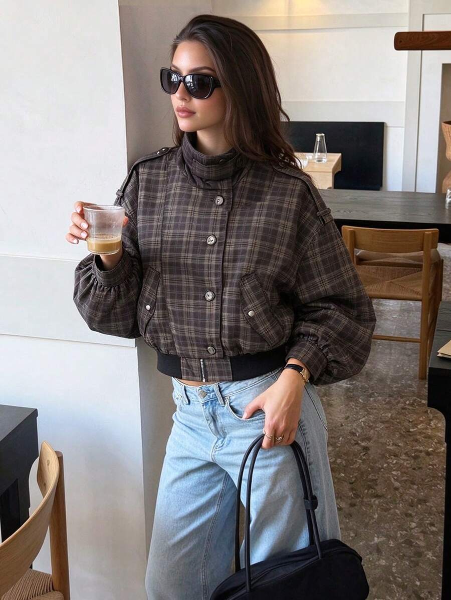 女款格紋短版夾克 秋冬復古長袖格紋飛行夾克 拉鍊外套 街頭風外出女裝格紋夾克 - 彩色 - 查看 1