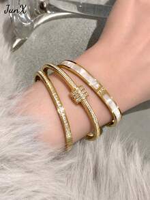 1/3pcs Exquisite Luxury Stainless Steel Plated Gold Bangle Bracelet Set, Tarnish-Resistant Waterproof Jewelry For Women - Bracelet Three Piece Set - View 10