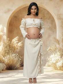JustVH Maternity 2-Piece Set Off-Shoulder Bell Sleeve Top & Ruffle Slit Skirt, Suitable For Beach Photos And Baby Shower Party - Apricot - View 6