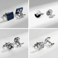 Men's 4 Pairs Cufflinks Set, Silver Dress Shirt Accessories, Rhinestone, Black Gift Box, Business Wedding Formal Wear, Gift For Dad Husband - Multicolor - View 4