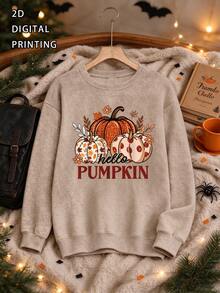 Suéter de cuello redondo de manga larga con estampado de calabaza para mujer de talla grande, adecuado para el otoño - Caqui - Ver 5