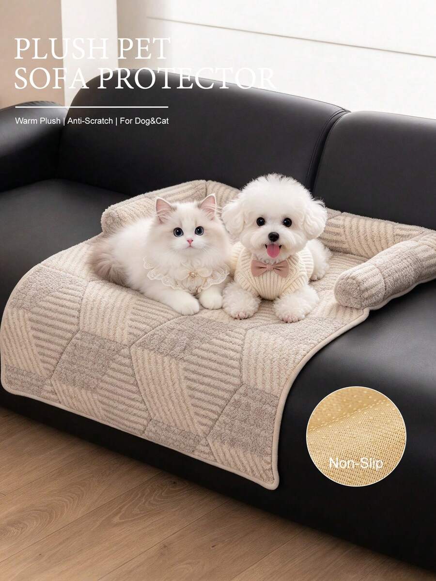 1pc Striped Plush Sofa Protector Pad, Anti-Cat Scratch Anti-Pet Clawing, Non-Slip Washable, All-Season Universal, Warm Pet Bed Mat - Light Grey - View 1