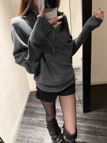 Asymmetrical Design Batwing Sleeve Knit Pullover Sweater Long Sleeve Top (Includes Belt) - Grey - View 5