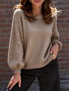 Solid Color Round Neck Beaded Casual Loose Knit Pullover Top - Light Brown - View 8