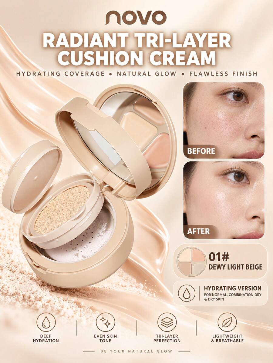 NOVO 3‑Layer All‑In‑One Cushion Cream, Foundation Concealer & Setting Powder Integrated, Even Skin Tone, Waterproof Sweat‑Resistant, For Beginners Summer Daily Travel Quick Makeup - 01# Milky Radiant Skin - View 1
