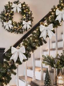 6pcs Christmas Ribbon Bows, Large White Shiny Curly Ribbon Bows, Christmas Decorations, Christmas Tree Gift Wrapping, Christmas Wreath, Car Wedding Decoration - White - View 7