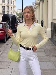 Soft & Sweet Style Lace Patchwork Polo Collar Long Sleeve T-Shirt For Women, Autumn Niche Design Slim Fit Flattering Top - Yellow - View 2