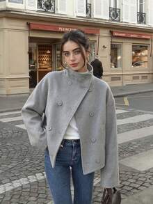 Business Casual Grey Wool Short Jacket | Women's Double-Breasted High Collar Blazer | 2026 Autumn/Winter Office Commute | Holiday Vacation Outfit - Grey - View 8