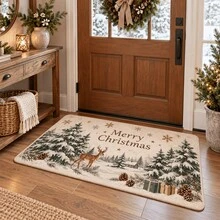 1pc Machine Washable Non-Slip Polyester Wear-Resistant Doormat Cedar Deer Winter Forest Christmas Entryway Mat | Merry Christmas Snowflake Pinecone Gift Print | Nordic Healing Hallway Decor Door Mat - A - View 4