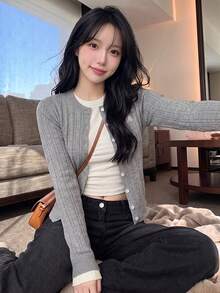 Women's Autumn/Winter Korean Style Casual Grey Colorblock Embroidered Cable Knit Long Sleeve Single-Breasted Cardigan - Grey - View 5