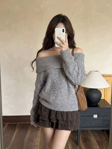 Women's Winter Fashion Knit Pullover Sweater, Off-Shoulder Long Sleeve, Regular Fit, Slightly Elastic Fabric, Suitable For Autumn/Winter Wear - Gray - View 5
