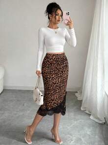 abyoxi Women's Vintage Leopard Print High Waist Midi Skirt, Side Ruched Lace Trim Slim Fit Mermaid Skirt - Brown - View 7