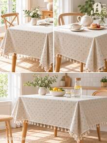 Cute Mini Floral Print Tassel Tablecloth, Rectangular Farmhouse Style Tablecloth, Aesthetic Home Dining Table Decor, Multi-Functional Tablecloth For Indoor Dinner Parties, Multiple Colors Available - Blue Daisy - View 6