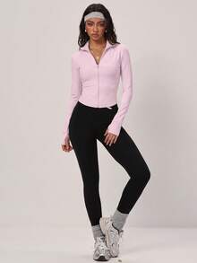 PinkTip Solid Color Stand Collar Zip-Up Jacket, Shaping And Tummy Control, Sporty Casual Street Style, Suitable For Yoga, Fitness And Daily Wear - Baby Pink - View 1