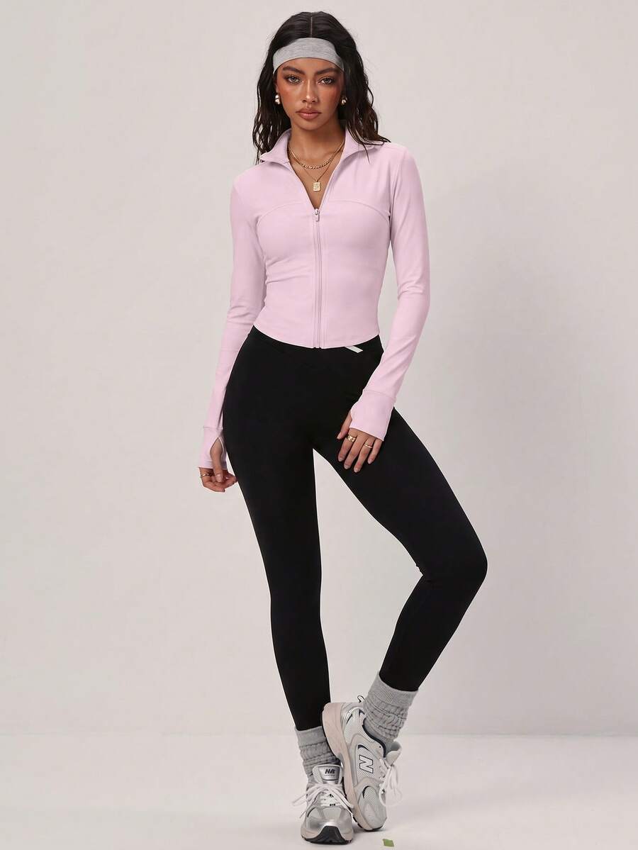 PinkTip Solid Color Stand Collar Zip-Up Jacket, Shaping And Tummy Control, Sporty Casual Street Style, Suitable For Yoga, Fitness And Daily Wear - Baby Pink - View 1