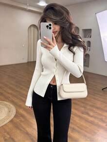 Vuslat Autumn/Winter Minimalist Ins Slim Fit Long Sleeve Turn-Down Collar Button Cardigan Sweater Basic Top, Commute Daily Inner Layer Cafe Christmas Party - Apricot - View 5