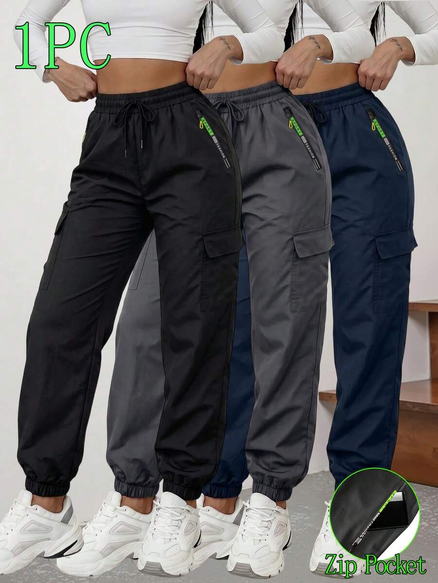 Women's Outdoor Cargo Pants, New Autumn Casual Sports Long Pants With Large Pockets, Zipper Pockets, Elastic Waistband And Drawstring Black - Black - View 1