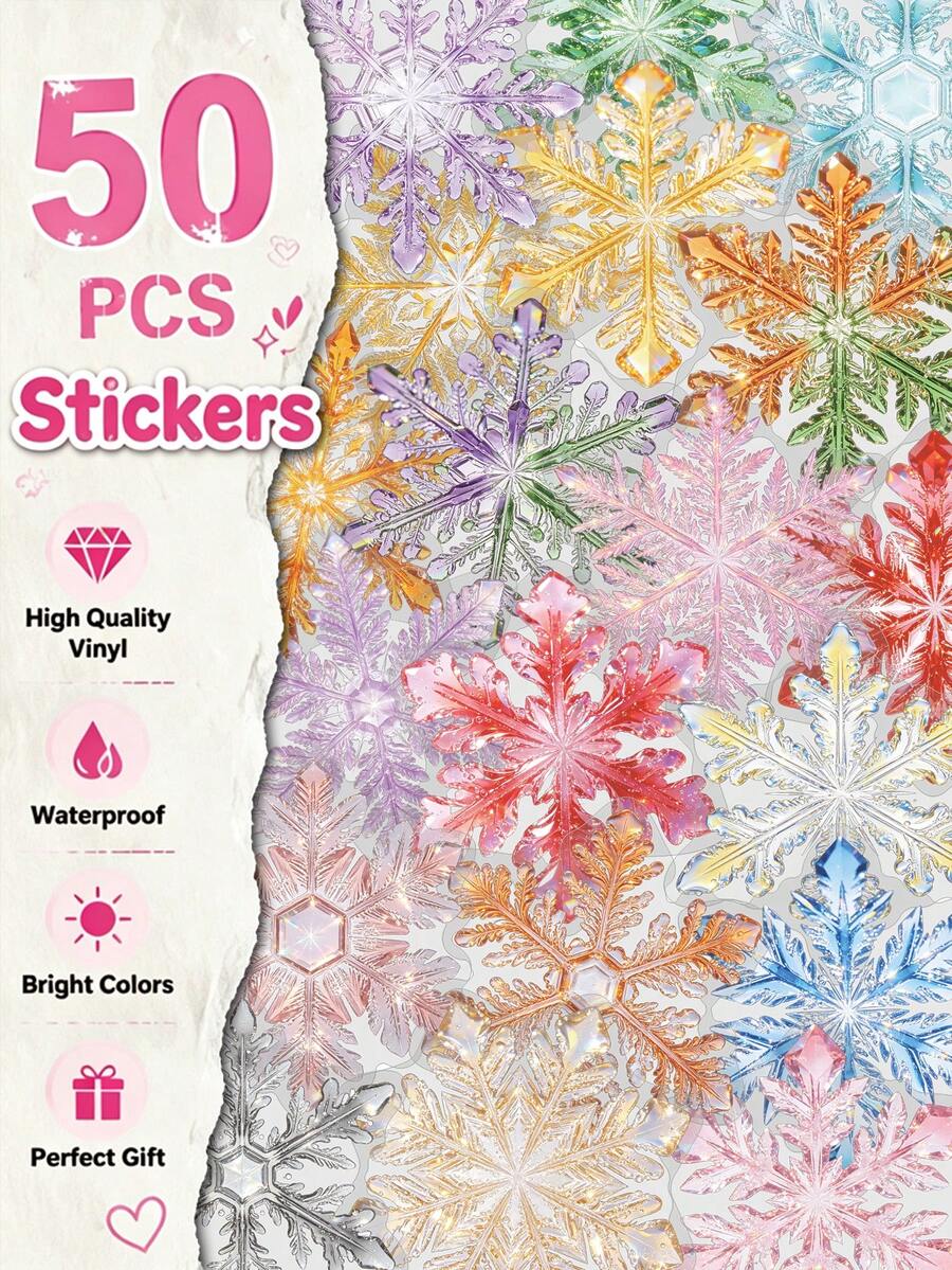 50pcs Colorful Snowflake Stickers Holiday Gifts Party Class Reward Birthday Gift Decoration Scrapbook Laptop Luggage Guitar Phone Case DIY Decal - one-size - View 1