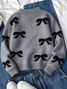 1 pieza Suéter casual y lindo versátil para niñas preadolescentes, otoño/invierno - Gris - Ver 2
