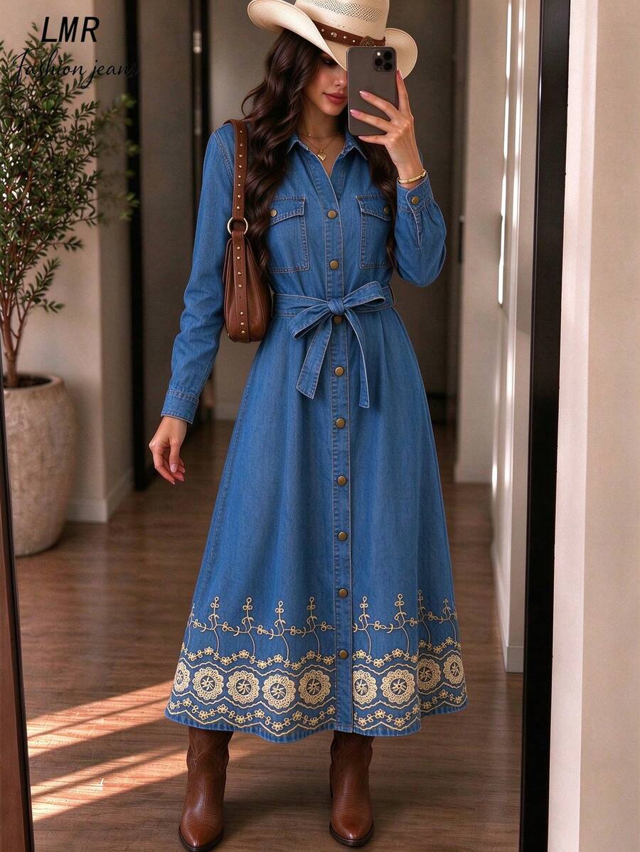 Women's Vintage Denim Dress, Collared Long Sleeve With Button Details, Embroidered Hem - Medium Wash - View 1