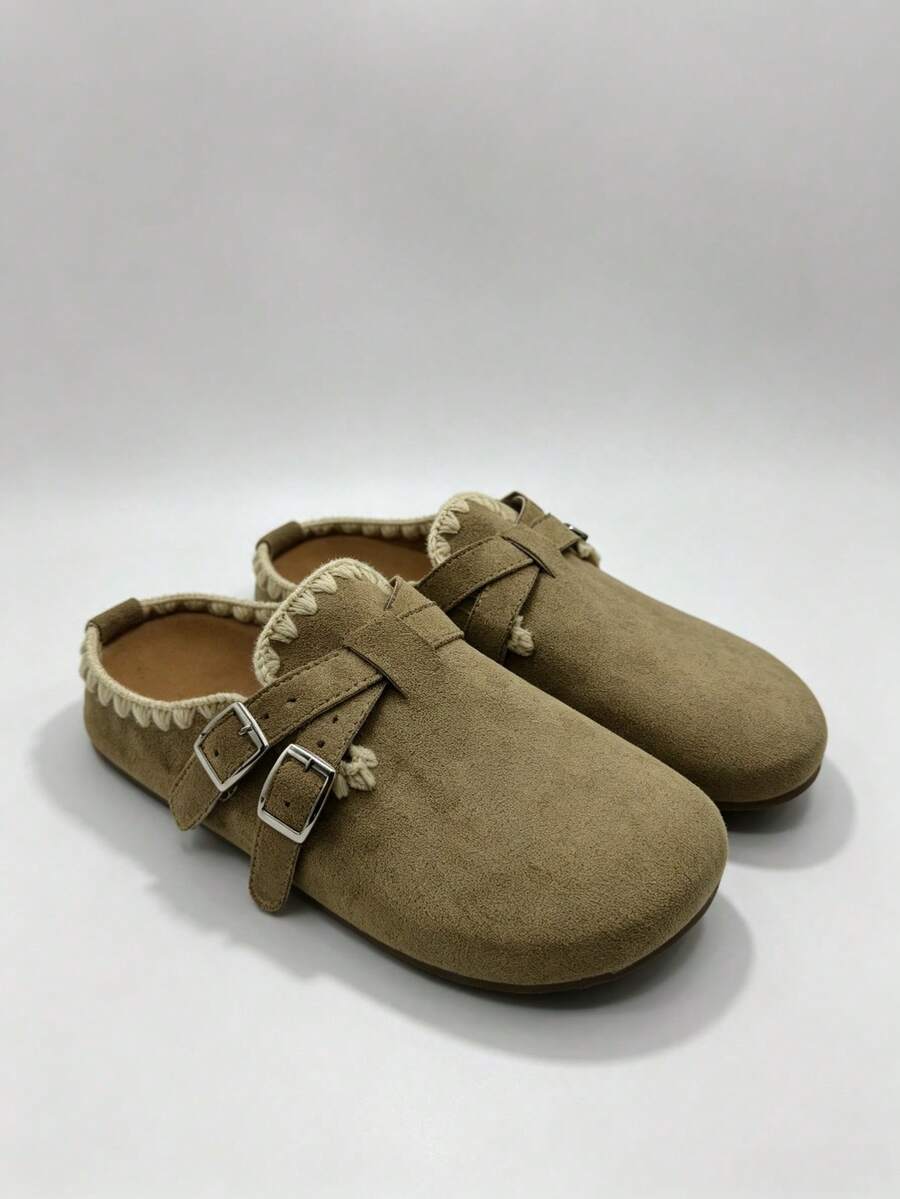 Women's Bohemian Style Faux Suede Closed Toe Mule Slippers With Round Toe, Double Buckle And Braided Trim - Khaki - View 1