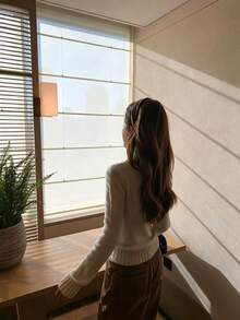 Autumn/Winter New Elegant Versatile Cable Knit Polo Collar Sweater, Vintage Slim Fit Cropped Knit Top - Apricot - View 7
