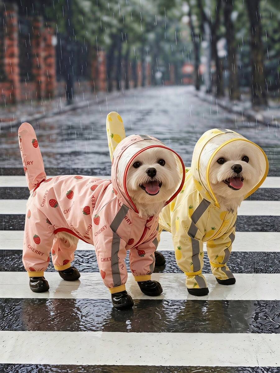 PETSIN 水果系列防水狗狗雨衣套裝，含雨衣與牽繩，防風全覆蓋，可調節，反光條，護爪設計