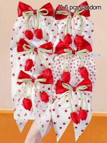 6/1pc Girls Red Cherry Floral Fabric Bow Swallowtail Hair Clip Tulip Ribbon Alligator Hair Clip Cute Hair Accessory Large Hair Clip For Back Of Head Daily Use - Multicolor - View 10
