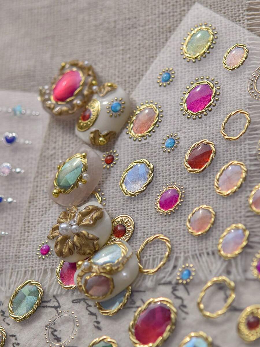1 Metal Nail Art Luxury Sticker, New Self-Adhesive Retro Light Luxury Style DIY Nail Charm Sticker, Colored Gemstone Nail Art Decoration Sticker - Multicolor - View 1