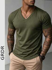 GRDR Men's Fashionable V-Neck Short Sleeve T-Shirt | Exquisite Design | Summer Essential | Easy To Match | Showcase Your Style - Army Green - View 2