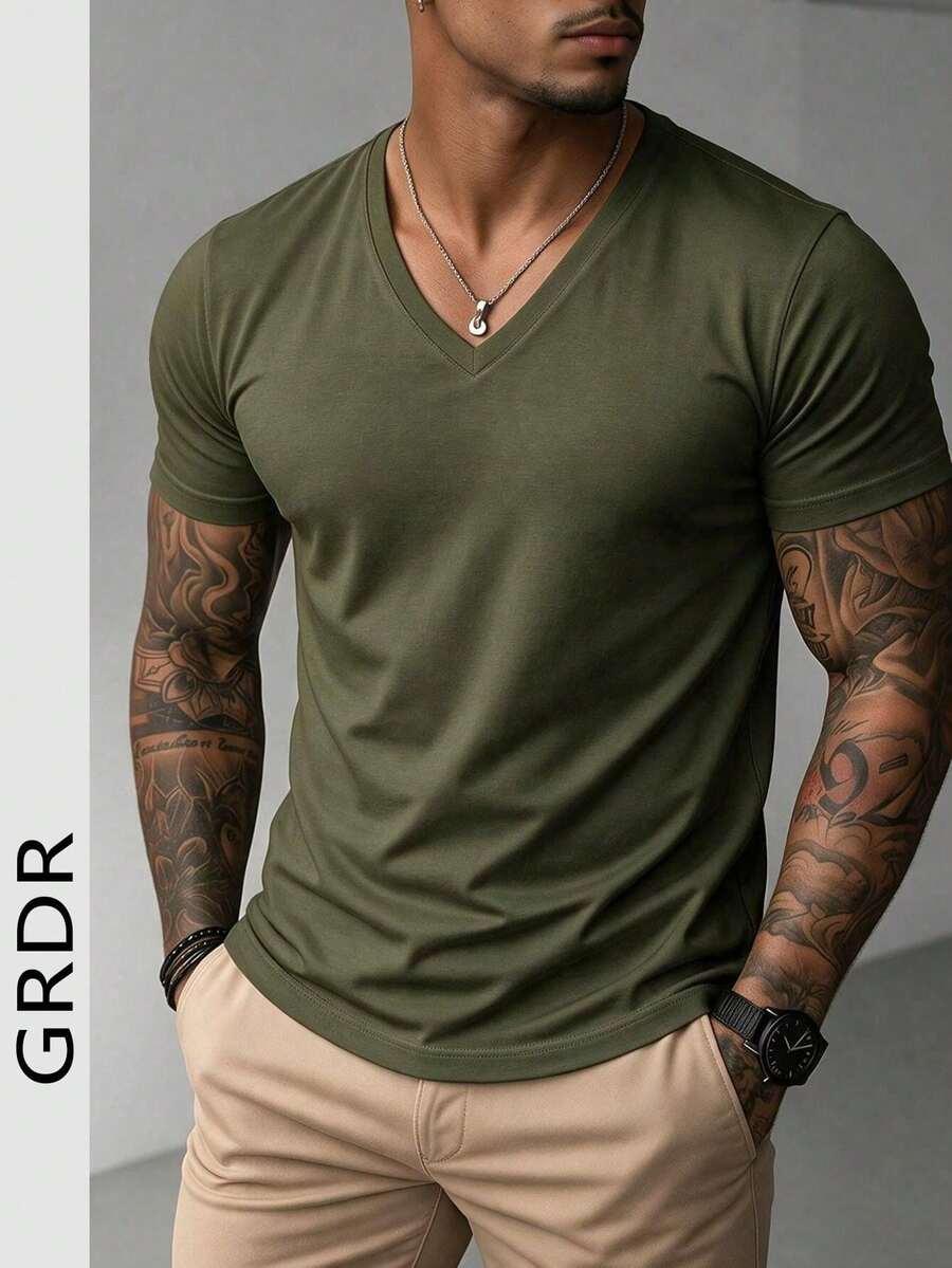 GRDR Men's Fashionable V-Neck Short Sleeve T-Shirt | Exquisite Design | Summer Essential | Easy To Match | Showcase Your Style
