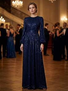 Elegant Women's Long Sleeve Sequin Dress With Round Neck And Full Skirt, Suitable For Formal Occasions - Navy Blue - View 1