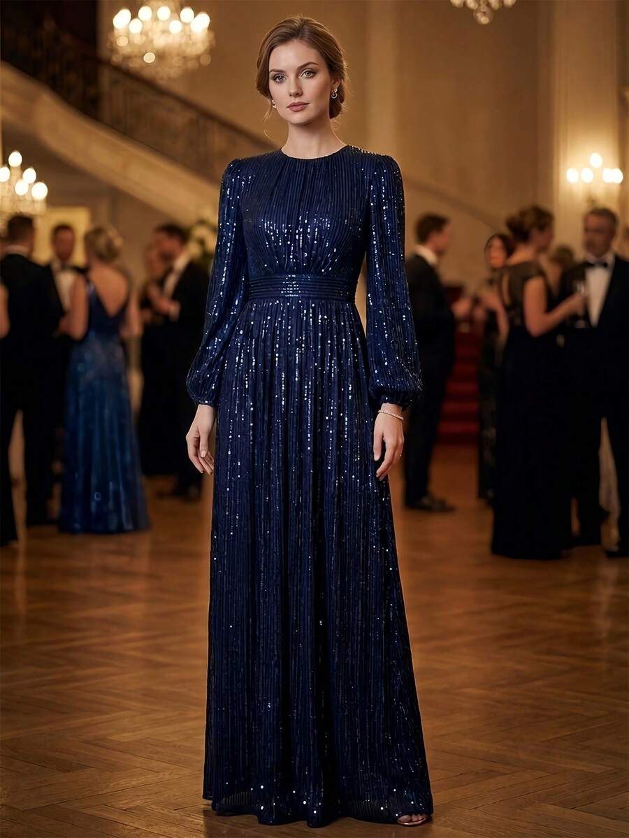 Elegant Women's Long Sleeve Sequin Dress With Round Neck And Full Skirt, Suitable For Formal Occasions - Navy Blue - View 1