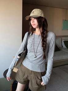 Women's Korean Style Napoleon Long Sleeve T-Shirt, Preppy - Grey - View 2