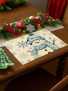 2Pcs Watercolor Snowman Placemats Blue Snowflake & Bird Print Winter Table Mats Farmhouse Winter Holiday Table Decor - Blue and White - View 8