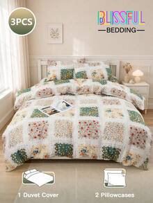 3pcs Down Comforter Cover Set, Pastoral Fresh Floral Pattern, Set Includes 1 Duvet Cover With 4 Corner Ties And Zipper + 2 Matching Floral Pocket Pillowcases, No Inserts Included, Skin-Friendly Soft Comfortable, Machine Washable Dry Cleanable, Detachable, Suitable For Bedroom, Dorm And Travel - Multicolor - View 3