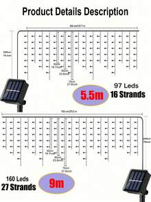 1件裝太陽能冰柱串燈 97/160 LED，8種燈光模式，戶外防水仙女燈，3.5M/7M 太陽能窗簾燈，適用於房屋、花園、庭院、婚禮、露營、走廊、陽台、派對、窗戶，秋季與聖誕裝飾 - 黑色 - 查看 9