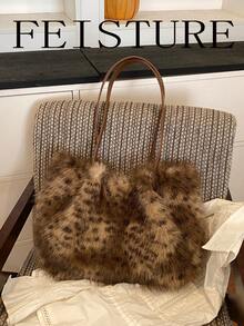 FEISTURE 1pc, Autumn/Winter Large Capacity Leopard Print Plush Bag, Fashionable Fuzzy Shoulder Tote Bag, Suitable For Girls, Women, College Students, New Professionals And White-Collar Workers, Perfect For Work, Business, Commute, School - Brown - View 5