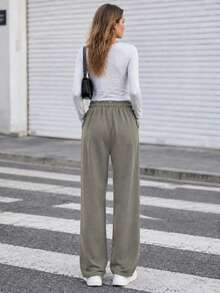 Women's Minimalist Drawstring Waist Pocket Sports Pants, Suitable For Outdoor Travel - Camel - View 3