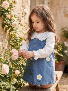 2pcs Baby Girl Cute Fresh Ruffle Peter Pan Collar Casual Shirt & Printed Denim Overall Dress Set, Thin Spring/Autumn Vibrant - White - View 2