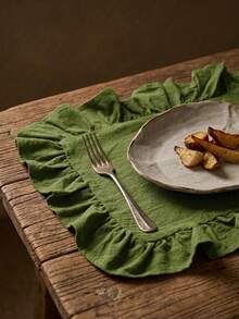 1pc Olive Green Solid Color Ruffle Trim Placemat, Natural Rustic Style Fabric Material Square Shape With Ruffle Trim Detail, Stain-Resistant Tabletop Protection And Decorative Function, Suitable For Daily Home And Natural Dining Table Setting - Green - View 10