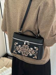 Dedoo 復古花卉刺繡 PU 皮革女款手提包，附可調節肩帶、拉鍊開合與鎖飾裝飾，可斜背，適合收納個人物品，方盒包，適用日常通勤、旅行，秋冬百搭小包 - 黑色 - 查看 6