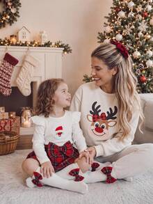 2pcs Baby Girl Cute Santa Claus Pattern Round Neck Pullover Long Sleeve Ribbed Top Plaid Skirt Leg Warmers Set, Autumn/Winter - Red and White - View 1