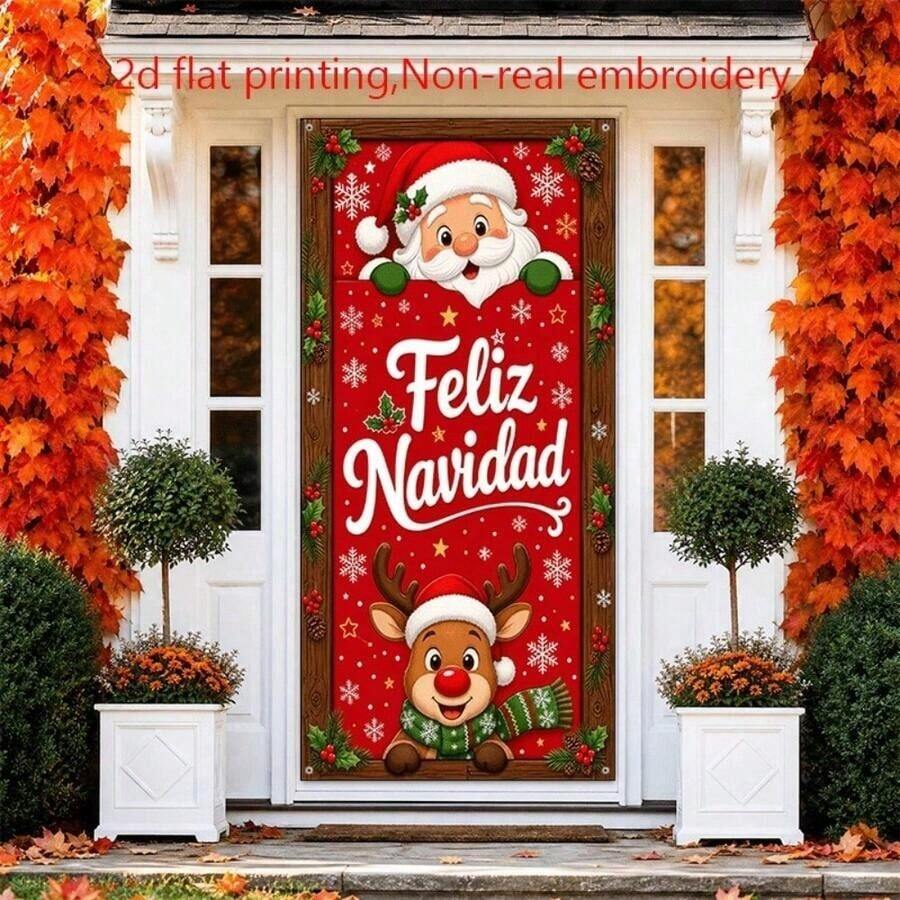 1-piece 2D flat banner "Merry Christmas" for porch, Christmas crown, pine cones, festive decorations, Santa Claus, gingerbread house, ice and snow world, suitable for parties, outdoor decorations, and family photos. - 3 - Ver 1